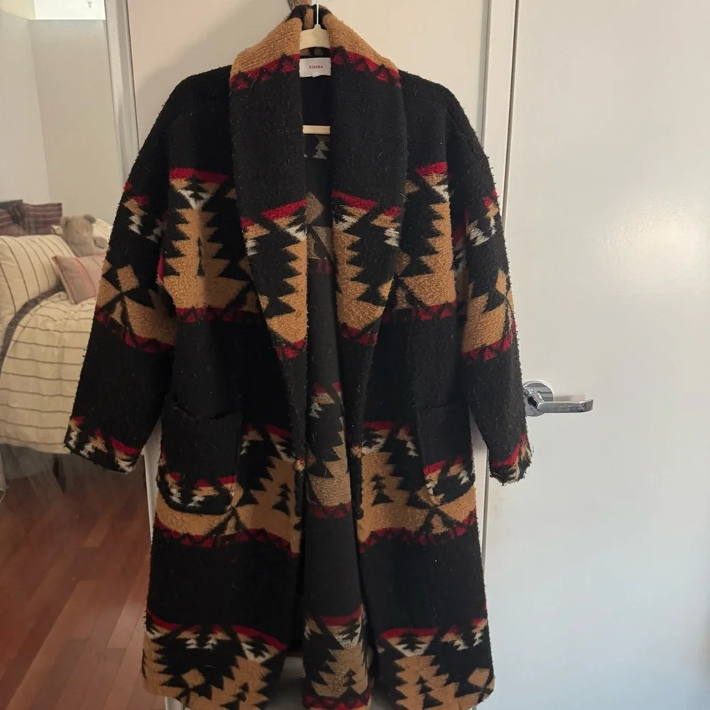 XIRENA Yellowstone Black Aztec Print Long Coat with Tan & Red Accents - Picture 3 of 8